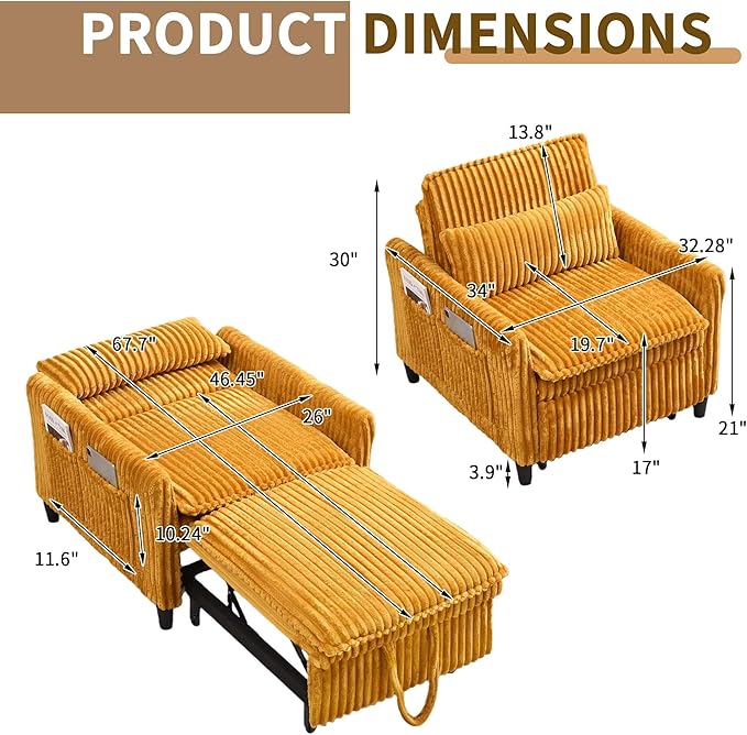 Modern Corduroy Fabric Sofa Bed Futon 3 in 1 Convertible Pullout Bed Sleeper Couches with 3 Reclining Backrests Small Sofa Chair Bed for Living Room Bedroom (Yellow)