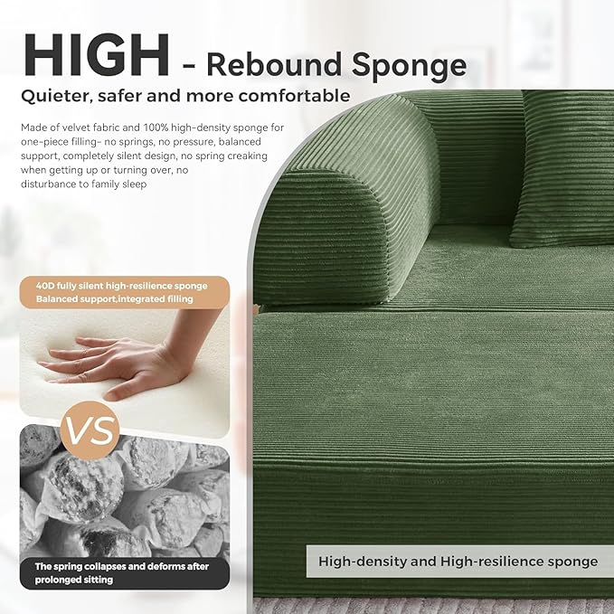 Upgraded 79 High Backrest Sofa Bed with Fixed Frame Corduroy Fabric Convertible Couch for Small Spaces Removable Armrests &amp Backrest No Assembly Required (High Backrest Olive Green) | Converti