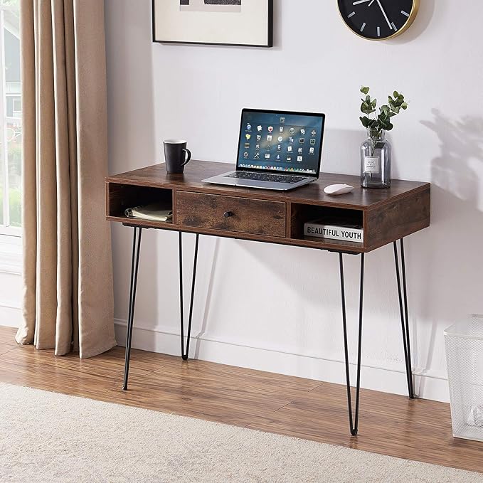 VECELO 39.3 Home Office Work Table with DrawersComputer Desk with Hairpin Leg for Writing/StudyRetro Brown