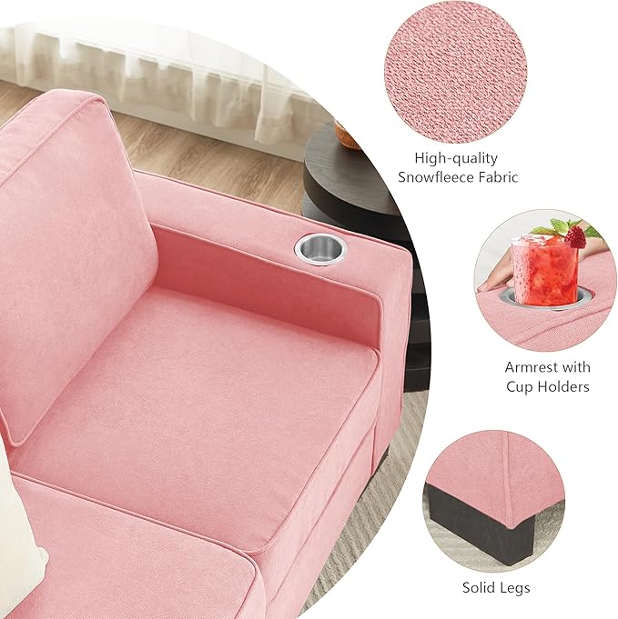 Aoowow 83.86” Modern 3-Seater Sofa Couch Upholstered Snowfleece Fabric Couches Comfy Sofas with 2 Cup Holders for Living Room Apartment OfficePink-Velvet