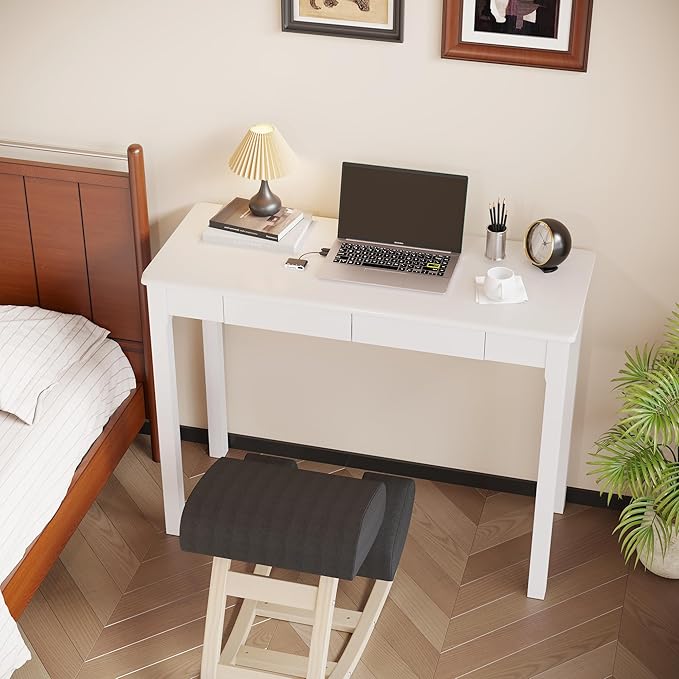 Solid Wooden Desk with Drawers - 39 x 16 Inch Modern Narrow Desks Rubberwood Simple Study Table Small Writing Desk for Bedroom|Small Spaces - White Desks