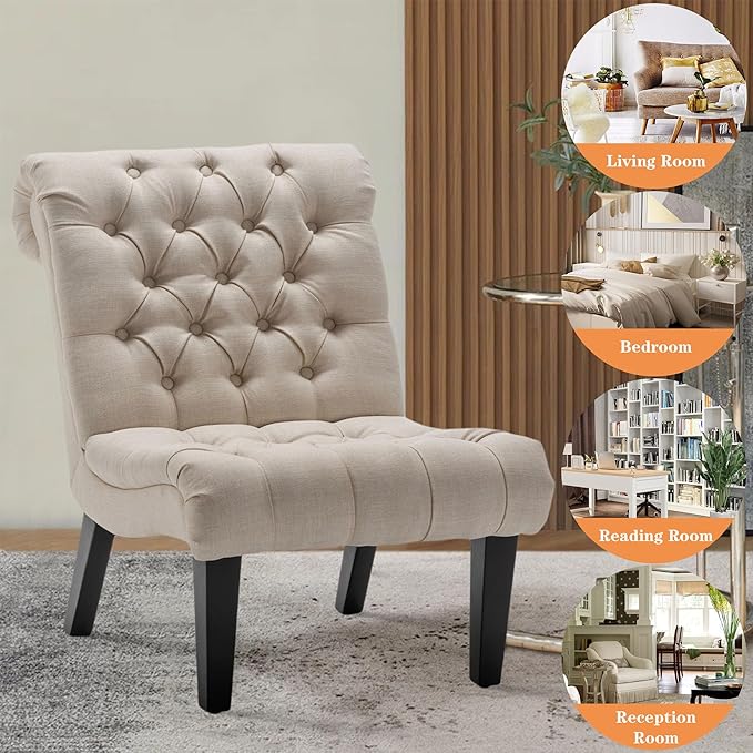 Alunaune Living Room Chair Modern Accent Chair Upholstered Tufted Armless Bedroom Chair Sofa Backrest Fabric Recliner Lounge Chair Wood Legs-Ivory