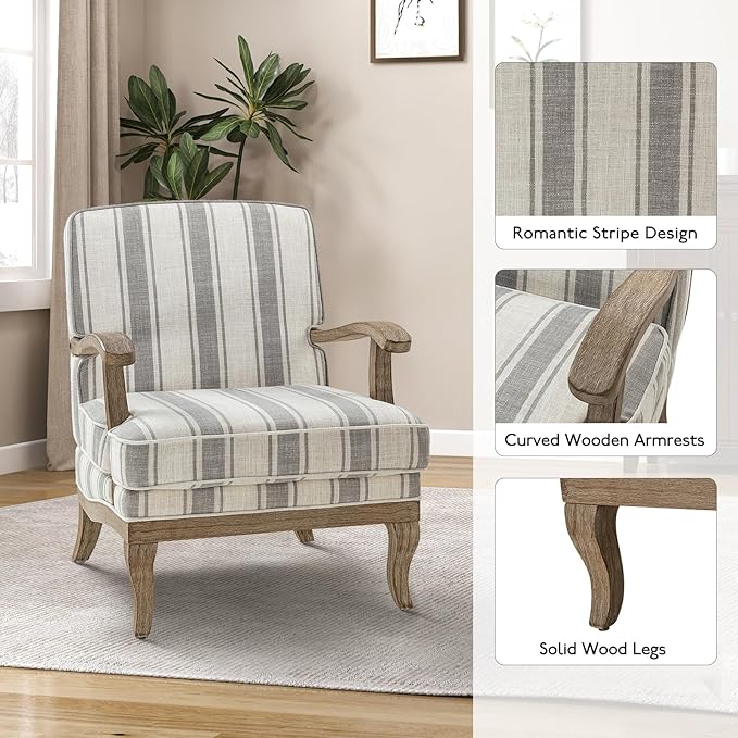 HULALA HOME Mid-Century Modern Chair Set of 2 Upholstered Accent Chair with Graceful Curves and Wooden Legs Comfy Lounge Armchair Striped Accent Chairs for Living Room Bedroom (Grey)