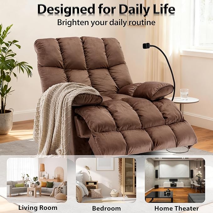 Oversized Recliner Chair with Phone Holder Manual Velvet Big Man Recliners Supports Up to 400 LBS Extra Wide Recliner Chairs for Bedroom Living Room and Home Theater Brown