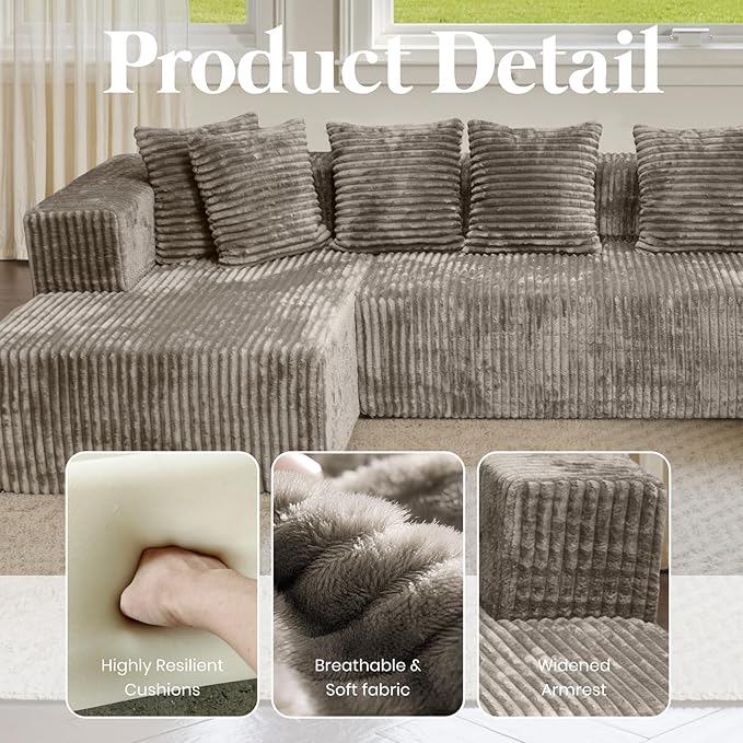 132'' U Shaped Sectional Couches for Living Room Modular Boneless Cloud Sofa with 2 Chaise Lounges 4-in-1 Flexible Combination Layered Foam Cushion Deep Seat Corner Couch No Assembly Light Coffee