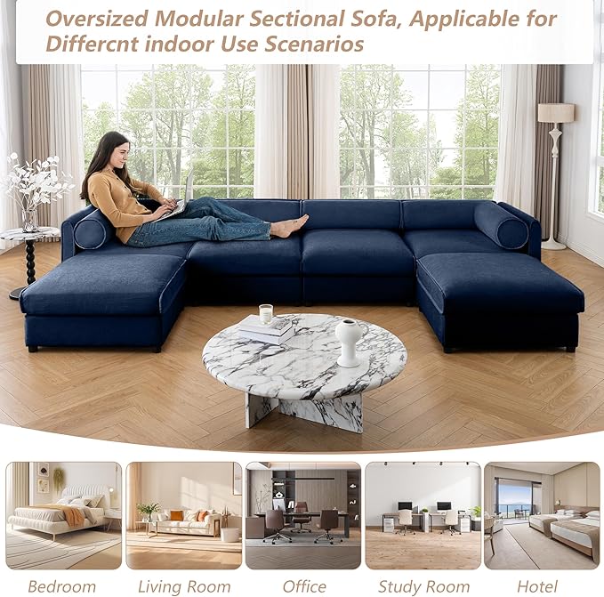Oversized Modular Sectional Sofa 142.5 Chenille U-Shaped Sofa with Cylindrical Backrest &amp Armrest Modern Comfy 4-Seat Sofa with 2 Ottoman Upholstered Deep Seat Couch for Living Room Blue