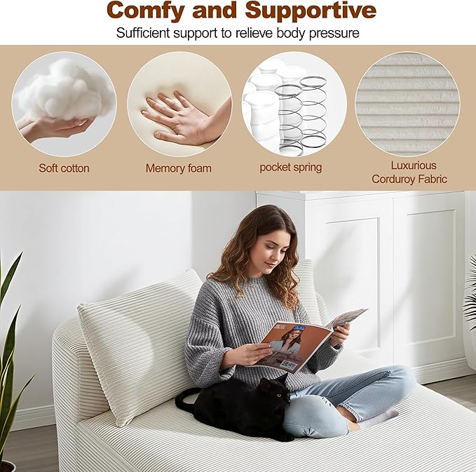 Chaise Lounge Chair Indoor 67.5 Oversized Boneless Couch Could Comfy Upholstered Sleeper Sofa Bed Corduroy Plush Modern Curved Floor Sofas Chair with 2 Pillows for Readng Living Room Bedroom Apartment
