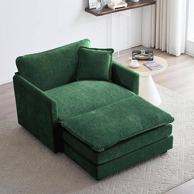 Oversized Accent Chair with Ottoman Modern Cloud Chaise Lounge Chair Indoor with Deep Seat Upholstered Comfy Armchair Reading Chairs Sofa for Bedroom Living Room Apartment Green Chenille