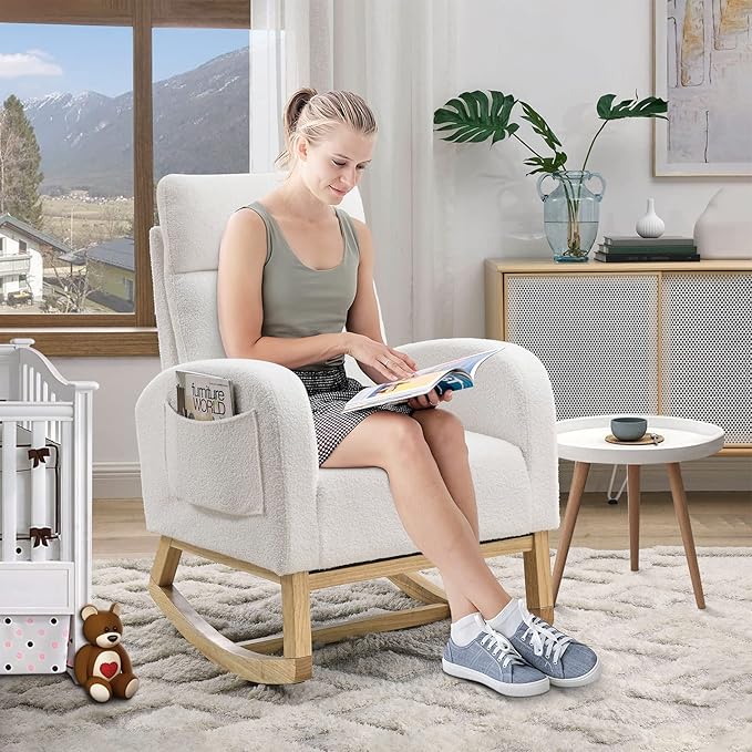 Nursery Rocking Glider Chair Modern Fabric Tall Back Accent Rocker Chair Upholstered Arm Chair w/Side Pockets Modern Leisure Single Sofa for Living Room Hotel Bedroom Office White
