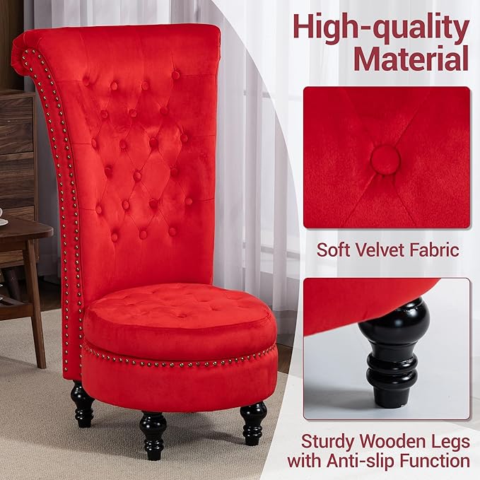 Throne Royal Chair High Back Velvet Accent Chair with Hidden Storage Button Tufted Vintage Armless Chair for Living Room Bedroom Office Red