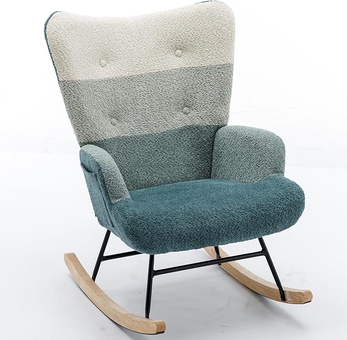 Modern Patchwork Accent Chair with Solid Wood Armrest and Feet Mid-Century Modern Accent Sofa Fabric Sofa Chair for Living Room Bedroom Studio Comfy Side Armchair for Bed (Green+Dark Green)