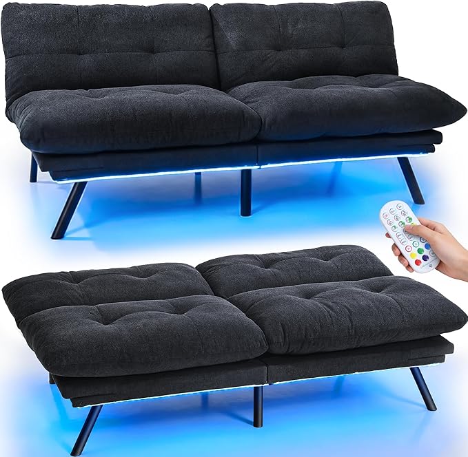 YITAHOME Convertible Futon Sofa Bed with Adjustable 3 Color Light Strip 70 Folding Futon Set for Living Room Home Office Aprtment Modern Futon Couch with Adjustable Backrest &amp Armrests Black