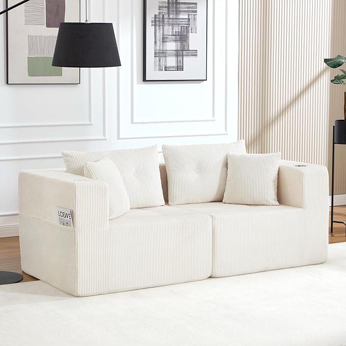 73 Loveseat Modular Sectional Sofa Oversized 2-Seater Boneless Tufted Cloud Couch with Cup Holder Corduroy Upholstery Small Couches for Living Room No Assembly Beige