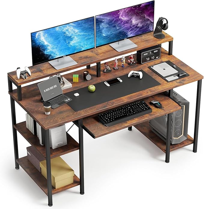 VERMESS 48Inch Computer Desk Home Office Desks with Keyboard Tray Gaming Desk with CPU Stand ShelfIndustrial Study Table Wide Writing Desk with Storage Shelves for 2 Monitors Rustic Brown