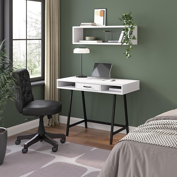 Bush Furniture Steele 40W Writing Desk in Pure White Oak | Compact Computer Table with Storage for Home Office Study Room or Entryway