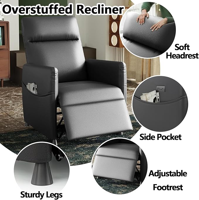 Black Power Recliner Chairs for Adults Lash Chair &amp Lay Flat Recliner for Small Spaces Living Room Bedroom Offices Theater Adjustable Footrest &amp Backrest/Side Pockets/USB (Black)