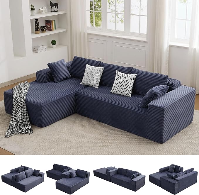 110 Boneless Sectional Couch with Chaise Lounge Cloud Couch Compressed Sofa L Shape No Assembly Memory Foam Sofa for Living Room Blue Corduroy