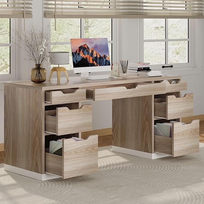 54 Inch Computer Desk with Storage Drawers Executive Desk with 7 Drawers for Bedroom Office Desk with File Cabinet for Work Study Writing Small Spaces White and Walnut