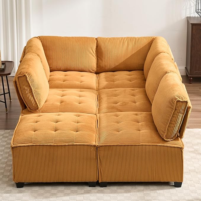 121 U Shaped Modular Sectional Sofa Couch 6 Seat Convertible Upholstered Deep Seat Sleeper Sofa with Chaise Lounge Cloud Couch for Living Room Mustard Yellow