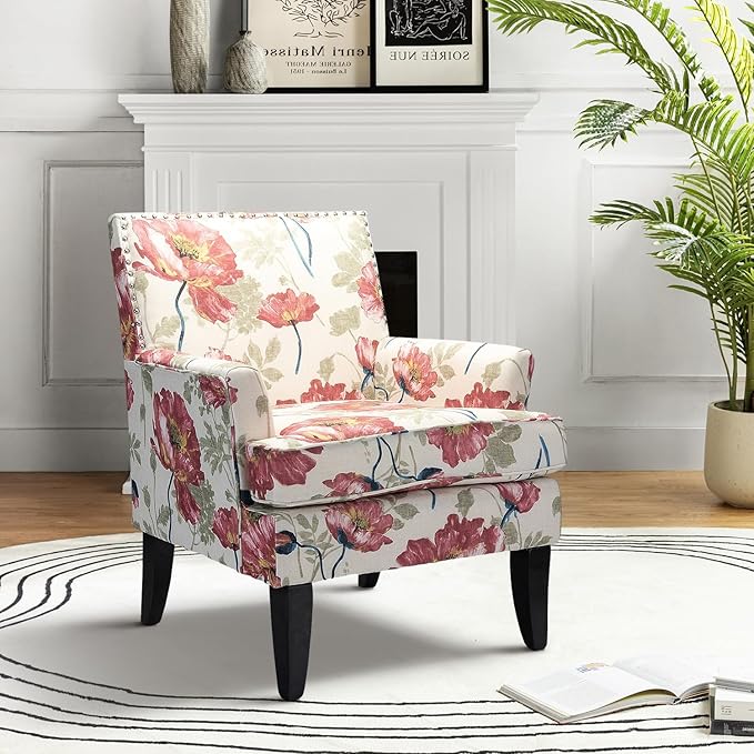High Back Accent Arms Chair Modern Accent Chair with Wooden Legs Reading Chair with Padded Armrest and Comfortable Cushioned Seat for Living Room Bedroom