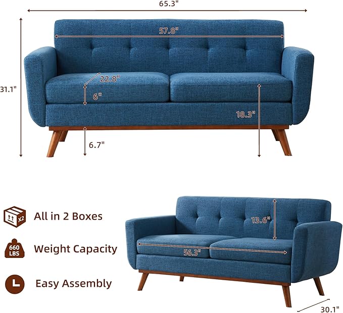 Kingfun Loveseat and Sofa Sets Mid Century Modern Linen Love Seat Couches for Living Room Button Tufted Upholstered Furniture Easy to Install Small Couch for Bedroom Office Apartment Blue