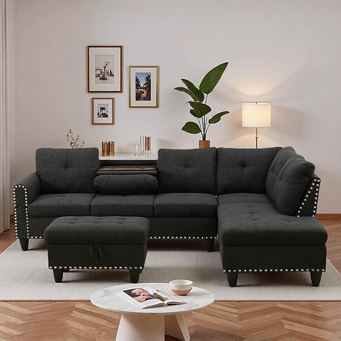 L-Shaped Sectional Sofa with Movable Chaise &amp Storage Ottoman Lounge 3-Piece Modular Convertible Couches for Living Room Apartment &amp Office Black Grey