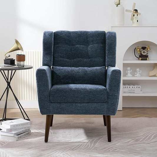 Modern Accent Chair Chenille Armchair for Living Room Upholstered Lounge Chair with Pillow Solid Wood Legs (Dark Blue)