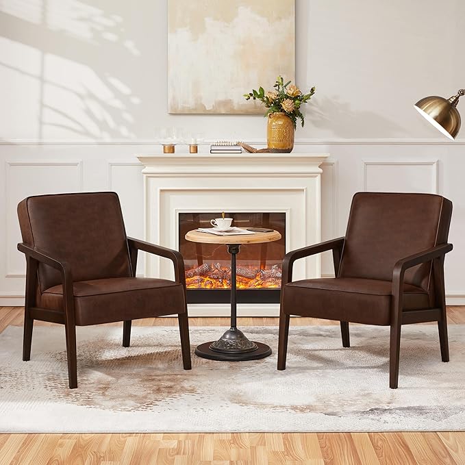 Yaheetech PU Leather Accent Chair Mid-Century Modern Barrel Chair with Wooden Frame and Soft Thick Padded for Living Room Bedroom Home Office Dark Brown