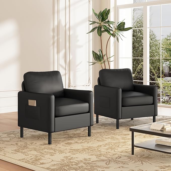 AODAILIHB Black Leather Accent Chair Modern Accent Chairs with Arms Small Chair with 2 Pocket/Thick Cushion Comfy Single Seat Sofa Couch for Living Room/Waiting Room/Office (1 Black)