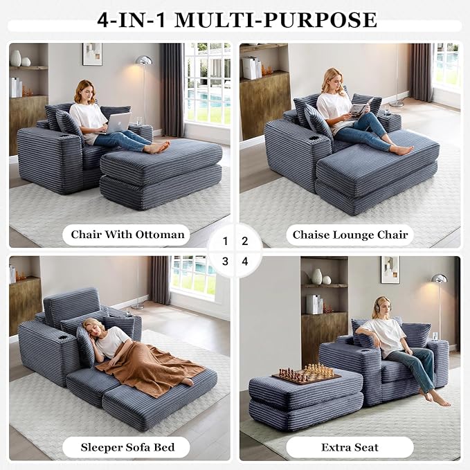 HANXIN 62 Chaise Lounge Chair Indoor Oversized Corduroy Boneless Convertible Chaise Lounge Couch Sleeper Chair with Ottoman Deep Seat Reading Chair No Assembly Required (Grey)