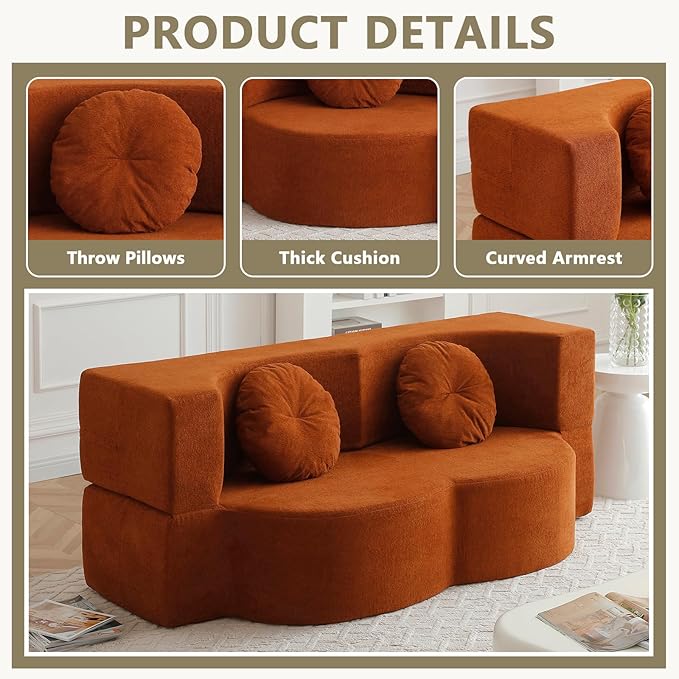 2-In-1 Futon Sofa Bed Foldable Couch with 2 Pillows Convertible Foldable Sofa Bed Folding Sofas Beds for Living Room Guest Room Apartment Office Lazy Sleeper Comfy No Assembly (Orange)