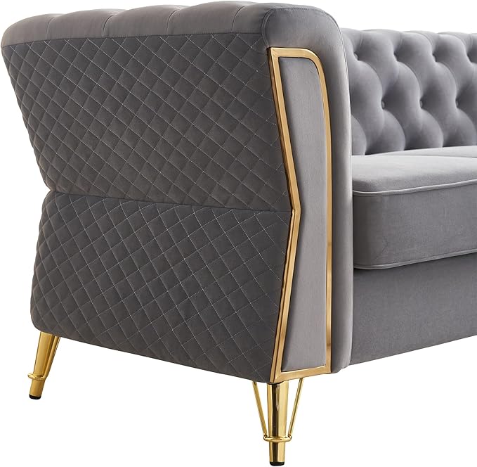 87.4 Modern Tufted Velvet Armchair with Gold Metal Legs and Unique Design of The Arms and Back 3-Seat Sofa Set with Velvet Fabric for Living Room Office Apartment Beige