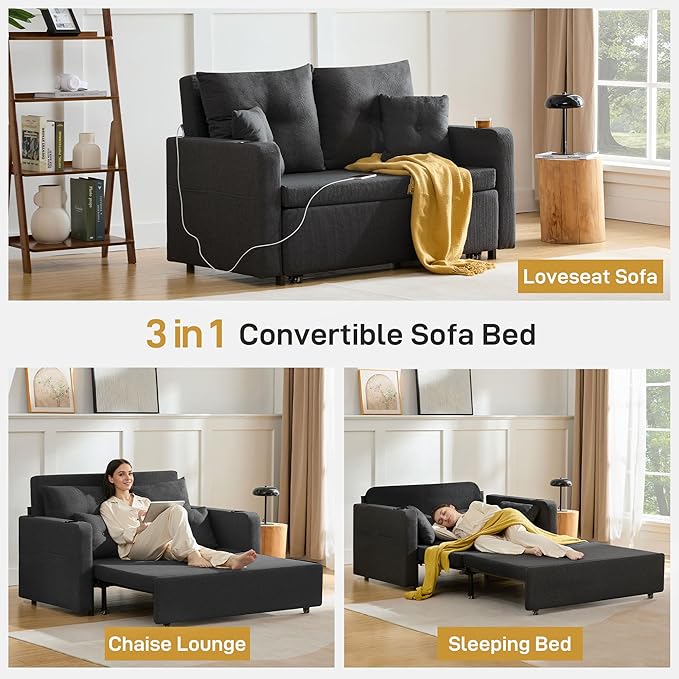 Sleeper Sofa Bed Convertible Pull Out Couch 56 Full Size Loveseat Sleeper Sofa with 4 Pillows Pocket &amp USB Small Couch Bed for Small Spaces Bedroom Apartment Living Room Linen Black