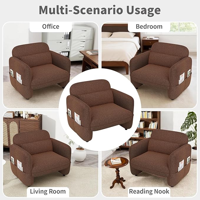 33.46 Accent Chairs Set of 2 Comfy Living Room Reading Chairs Oversized Sherpa Lamb Lounge arm Chair with Waist Pillow for Bedroom and Living Room (Dark Brown)