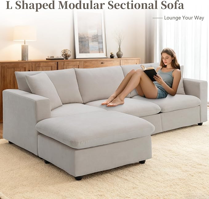100.4 Beige Cloud Couches for Home Living Room Sofa Set Modern L Shaped Sectional Couch with Convertible Ottoman 4 Seater Comfy Polyester Fabric Modular Sofa for Apartment Bedroom Office