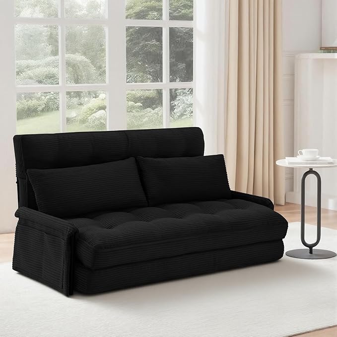 5-Position Adjustable Floor Sofa CouchMulti-Functional Bean Bag BedFoldable Lazy Sofa Sleeper Bed with ArmrestIdeal for Reading and Playing (Black)