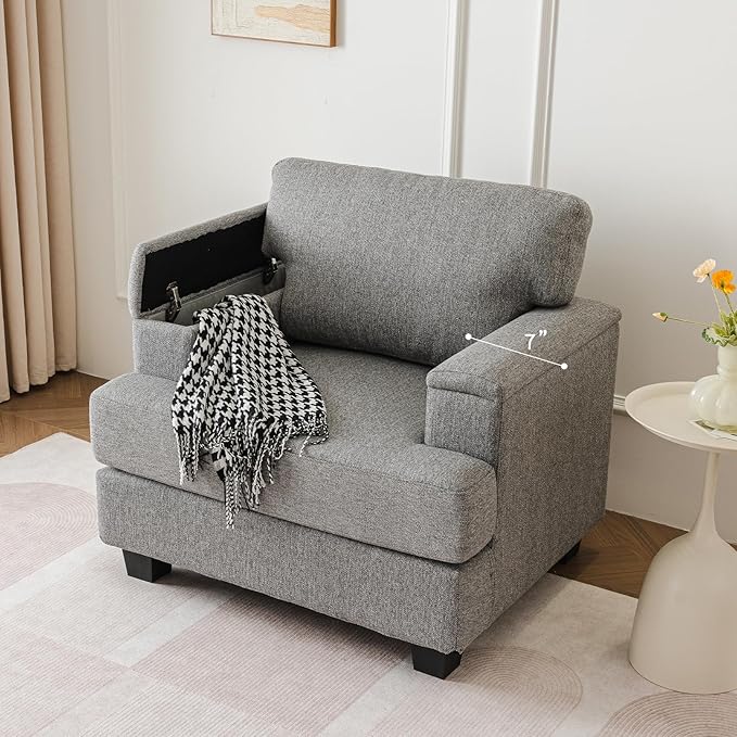 Oversized Living Room Chairs Set of 2Comfy Accent Chair with Armrest OrganizerUpholstered Linen Fabric Armchair Thick CushionBig Reading ChairSofa Chair for BedroomDark Gray