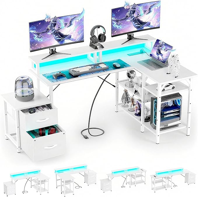 Office Desk L Shape with File Drawers&ampPower OutletYOUNGAR 69.3 Inch Reversible L Shaped Computer DesksCorner L Shape or Long Desk Set up Monitor Stand &ampStorage Shelves LED Lights&ampCPU Sta