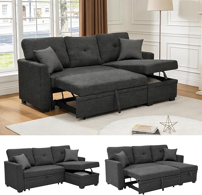 Sectional Sleeper Sofa with Pull Out Bed L Shape Convertible Linen Couch with Storage Chaise 2 in 1 Pull Out Sofa Bed with 2 Seats for Living Room Apartment Charcoal Black