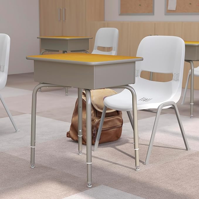 Flash Furniture Billie Student Desk - Maple Open Front School Desk - Silver Metal Frame - 24W x 18D Adjustable Height Durable for School or Remote Learning
