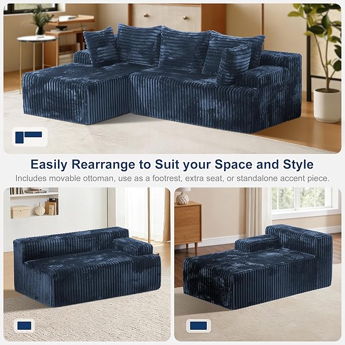 Redlife 95 L-Shaped Modular Sectional Sofa Faux Rabbit Fur Modular Floor Couch with Chaise High-Density 30D Foam Sponge No Assembly Required 5 Pillows Compressed for Living Room (Blue)