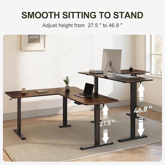 BANTI L-Shaped Standing Desk - 63 x 55 Inch Adjustable Corner Standing Desk with Charging Station - L Shape Sit Stand Table with Memory Controller Splice Board for Home Office Black Walnut