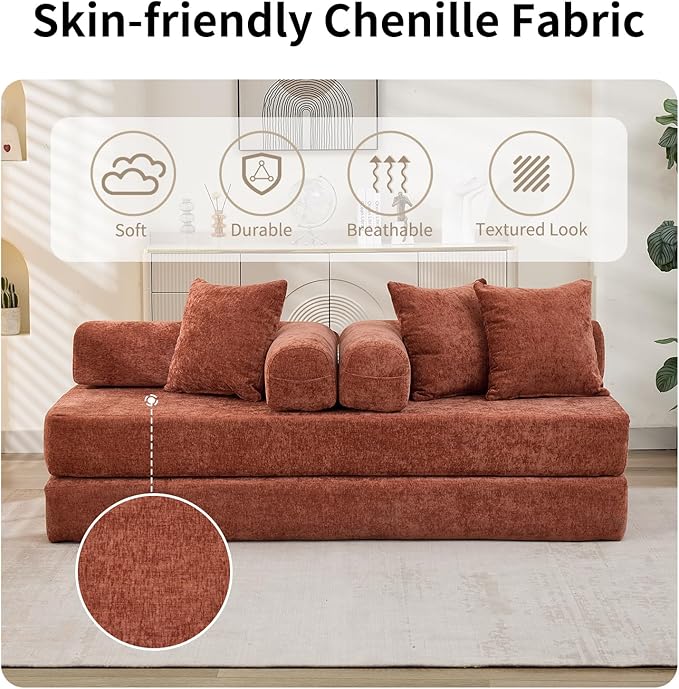 Convertible Sofa Bed 4-in-1 Floor Foldable Couch Bed with Armrests &amp Pillow Chenille Fabric No Assembly Required Comfy Memory Foam Couch Lounge Sofa for Living Room Orange