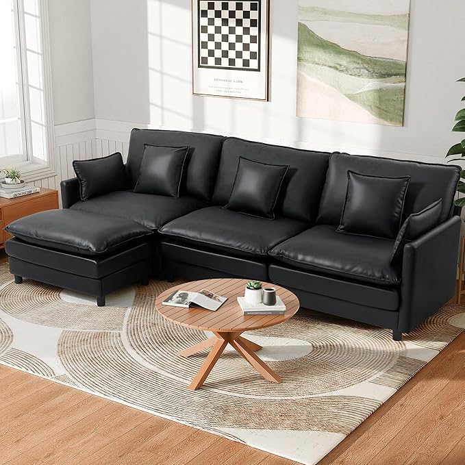 113'' L Shaped Cloud Couch 4-Seater Modular Sectional Sofa with Double Layer Upholstered Seat Cushion PU Deep Seat Couches with Ottoman &amp Pillows for Living Room Bedroom &amp Apartment Black