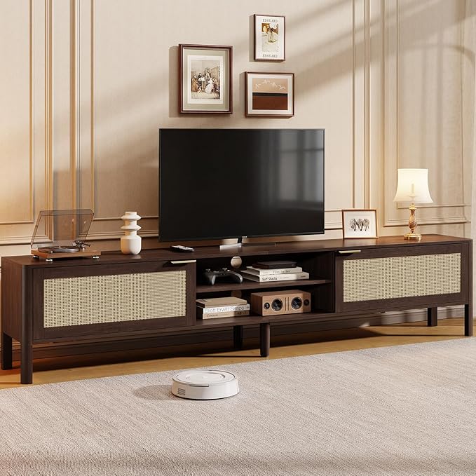 Rattan TV Stand for Living Room - Fits up to 80 Inch TVs Rattan Media Console Table with Adjustable Shelves &amp 2 Storage Cabinets Mid-Century Modern Entertainment Center Walnut 71