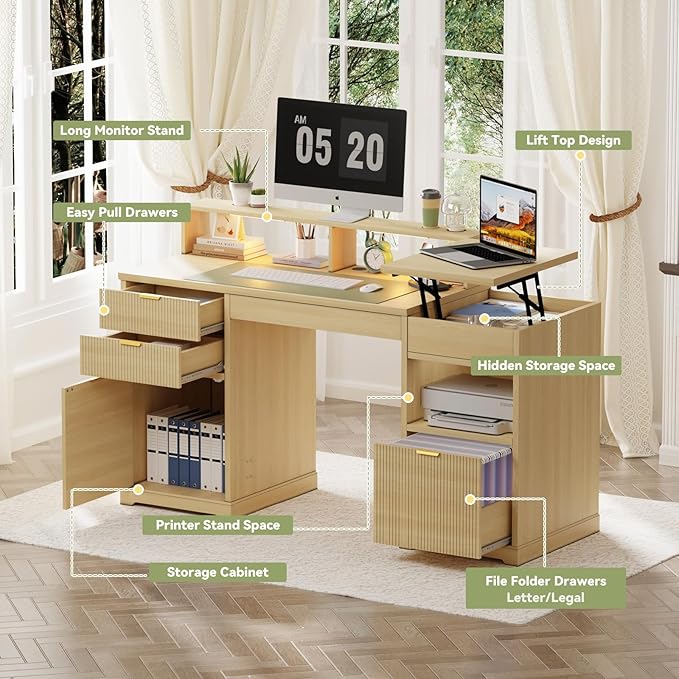 Fluted Desk with Drawers Filing Cabinet 63 Home Office Executive Desk with Lift Top Gaming Desk Charging Station Sensor Lights Wood Computer Table with Monitor Stand Natural Wood