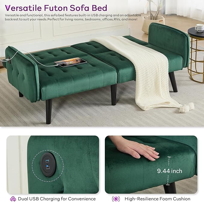 TYBOATLE 65 W Velvet Modern Convertible Folding Futon Couch Sofa Bed w/ 2 USB Charging Ports and arms Loveseat for Living Room Office Apartment Bedroom (Green)