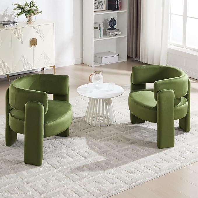 Set of 2 Accent Chairs with Arms Upholstered Barrel Armchair with Curved Back Comfy Single Side Chair for Reading Living Room Home Office Green