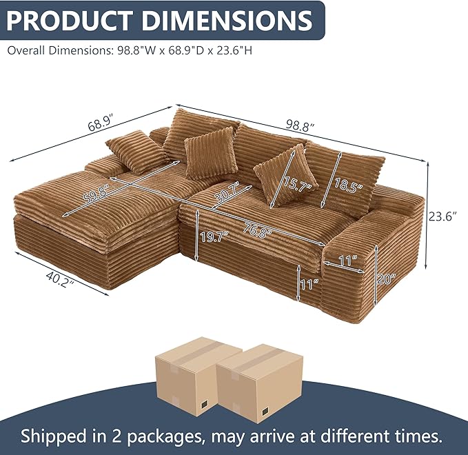 KIVENJAJA 98.8'' Small L-Shaped Sectional Couch with Chaise Fluffy Corduroy Cloud Couches Compression Boneless Sofa for Home Living Room Apartment Office No Assembly Required Brown