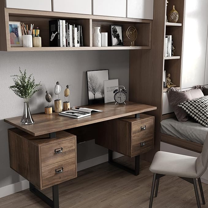 MODERION Computer Desk for Home Office with 4 Large Drawers Rustic Wood Writing Study Table with Metal Frame 59” x 21.7” x 29.5” Easy Assembly Brown CTSZ20401WA
